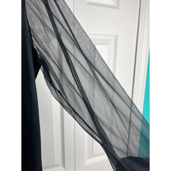 Vintage Black Nylon Button Front Collared Sheer Sleeve Blouse XL Goth Career - Picture 4 of 8